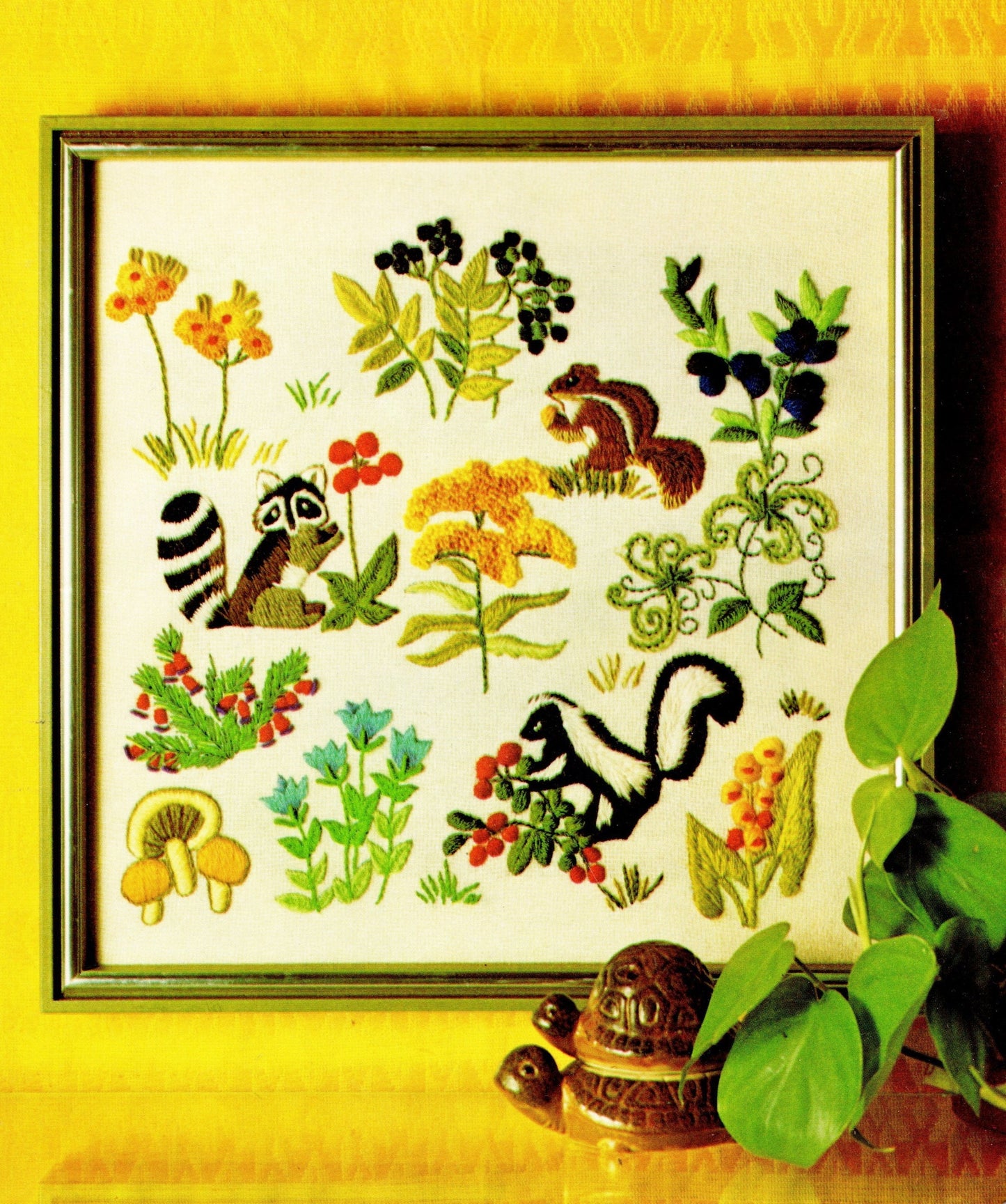 Vintage Crewel Embroidery Pattern Woodland Animals Berries Flower Blossoms Forest Friends Stitchery PDF Instant Digital Download