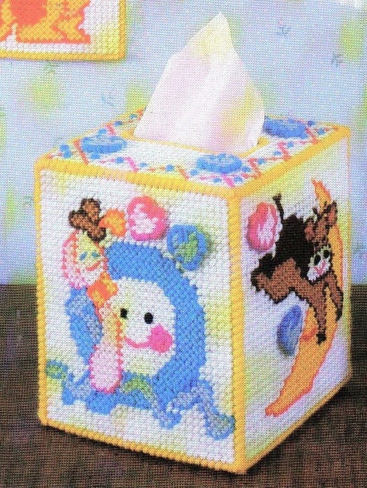 Vintage Plastic Canvas Tissue Box Cover Pattern Hey Diddle Diddle Nursery Rhyme Switch Plate Cover Baby's Room PDF Instant Digital Download