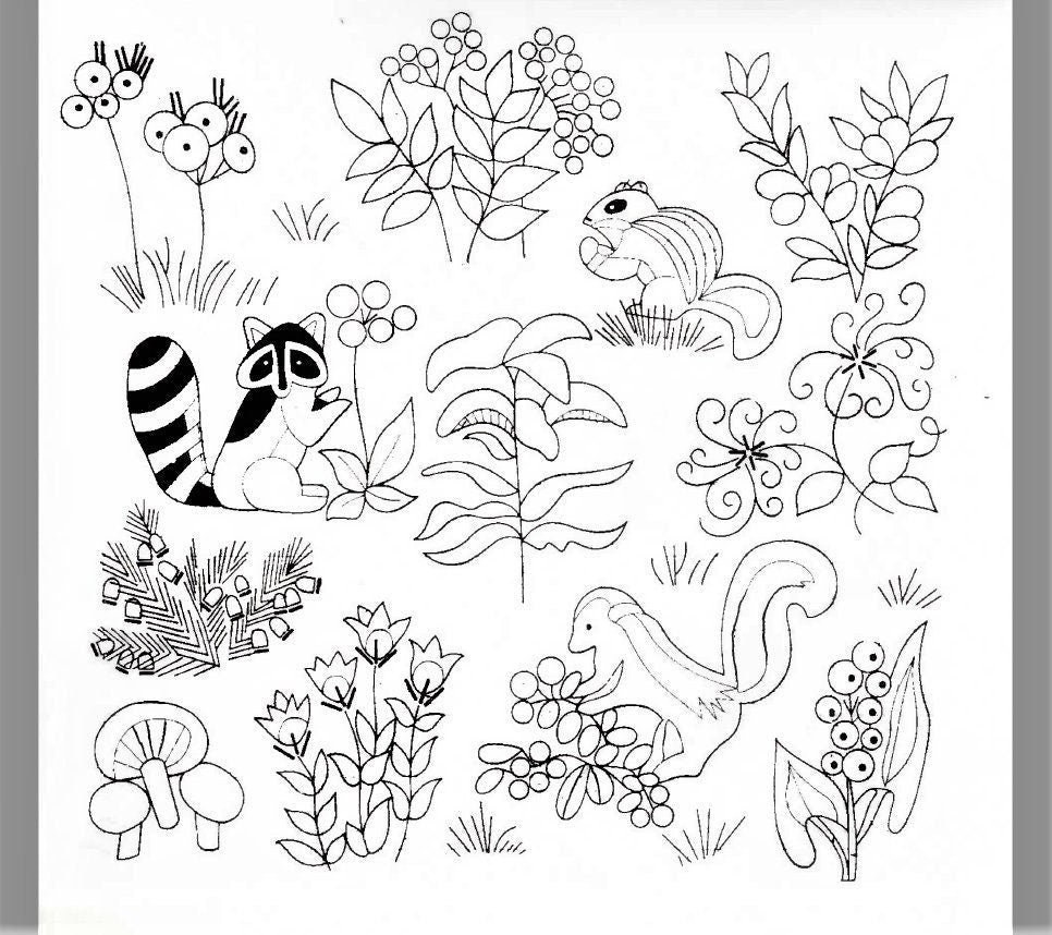 Vintage Crewel Embroidery Pattern Woodland Animals Berries Flower Blossoms Forest Friends Stitchery PDF Instant Digital Download