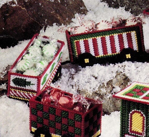 Vintage Santa Express Holiday Train Patterns In Plastic Canvas Christmas Train Tissue Holder PDF Instant Digital Download 7 Mesh