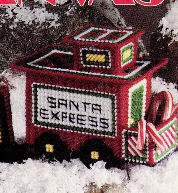 Vintage Santa Express Holiday Train Patterns In Plastic Canvas Christmas Train Tissue Holder PDF Instant Digital Download 7 Mesh