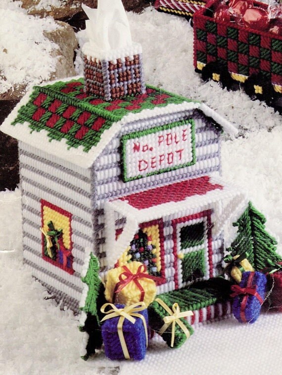 Vintage Santa Express Holiday Train Patterns In Plastic Canvas Christmas Train Tissue Holder PDF Instant Digital Download 7 Mesh