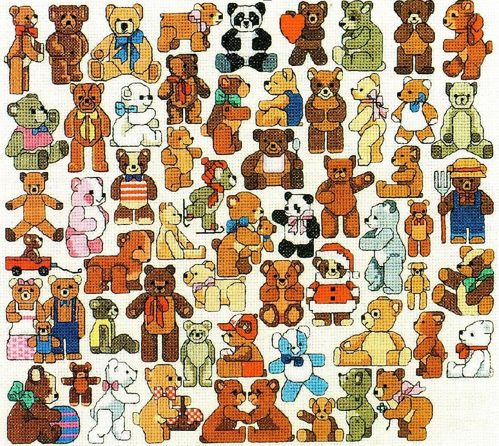 Vintage Cross Stitch Patterns Tons 'O Teddy Bears Motifs PDF Instant Digital Download Embroidery Mini Cute Toy Bear 57 Designs A1