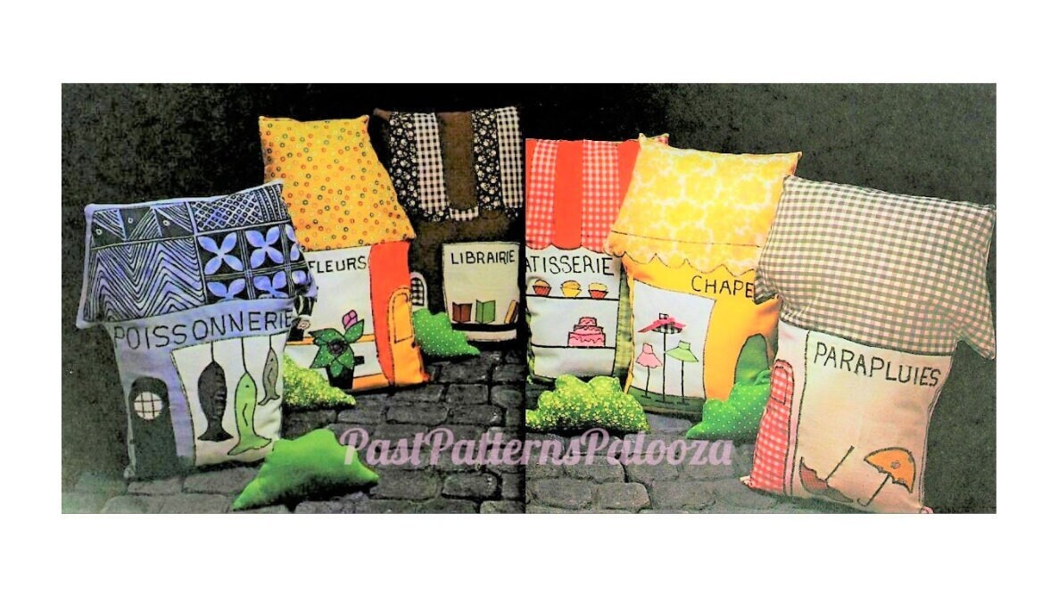 Vintage Sewing Pattern 21" French Village Shops Pillows Applique Fabric Cushions PDF Instant Digital Download 6 Kitsch Designs