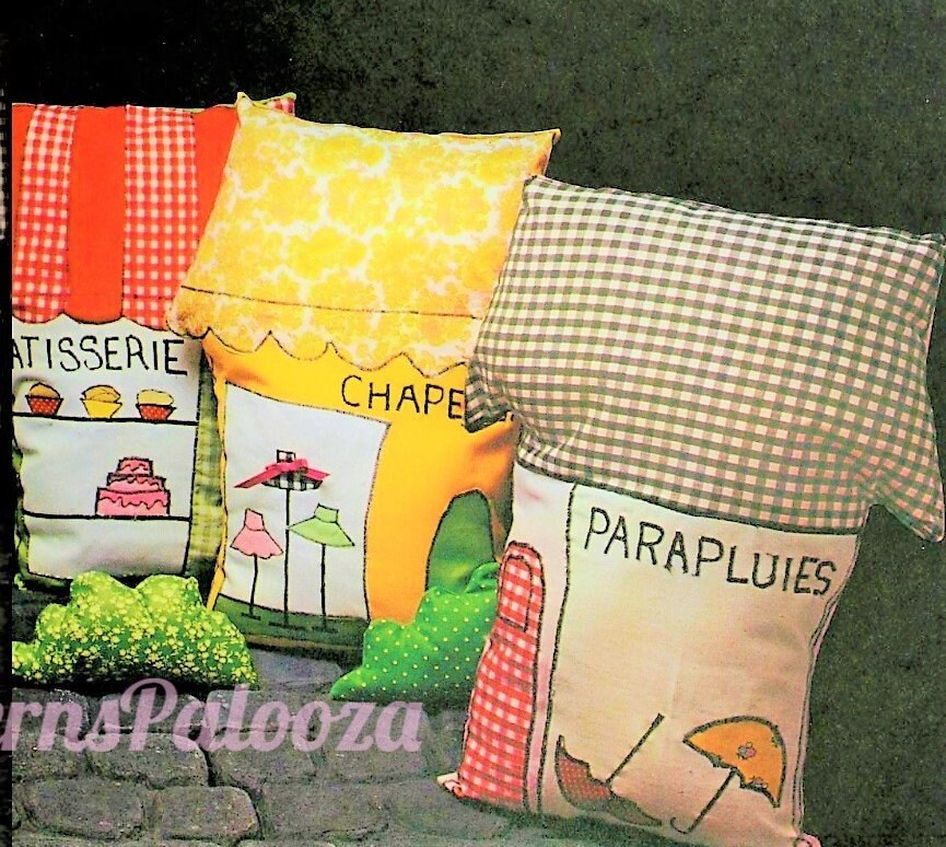 Vintage Sewing Pattern 21" French Village Shops Pillows Applique Fabric Cushions PDF Instant Digital Download 6 Kitsch Designs