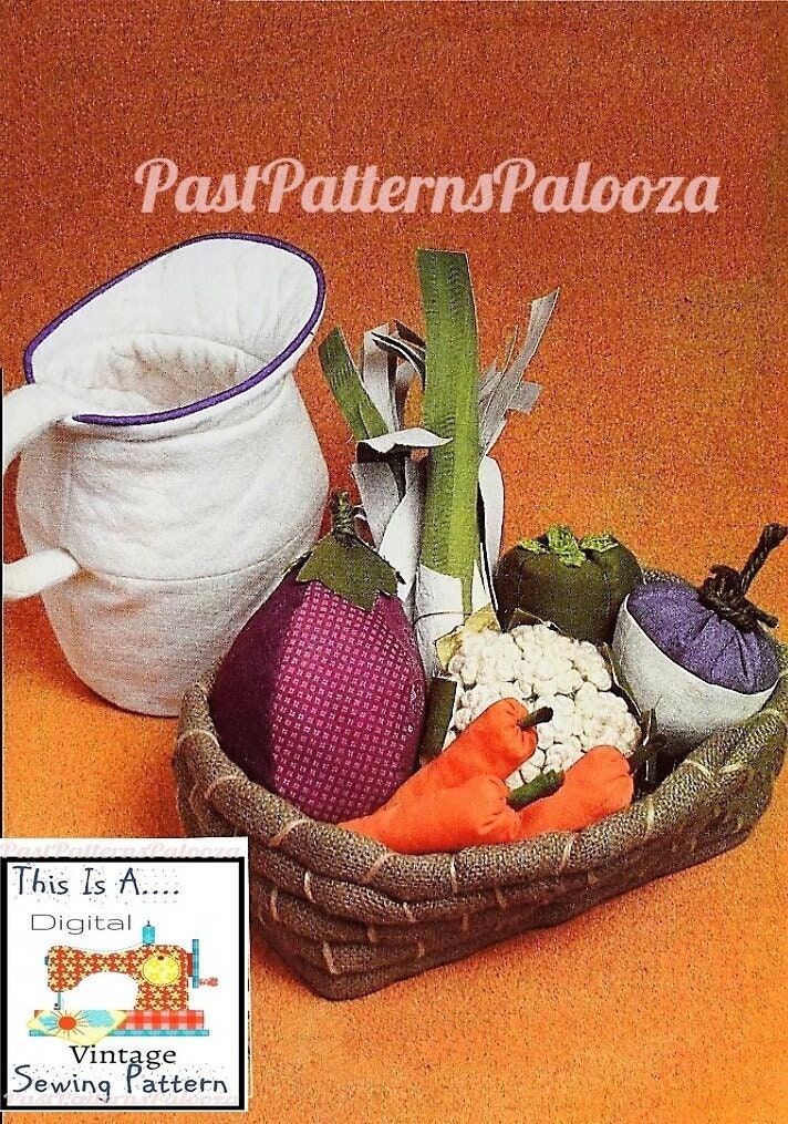 Vintage Sewing Pattern Fabric Vegetable Basket and Pitcher Set PDF Instant Download Soft Sculpture Veggies Burlap Basket Quilted Felt Jug