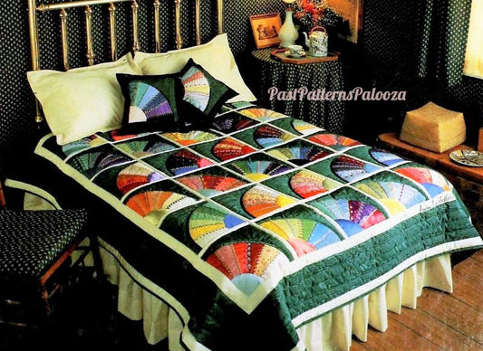 Vintage Sewing Pattern Victorian Fans Bed Quilt and Pillow Set PDF Instant Digital Download Patchwork Blocks Moire Taffeta Fabric 81x93