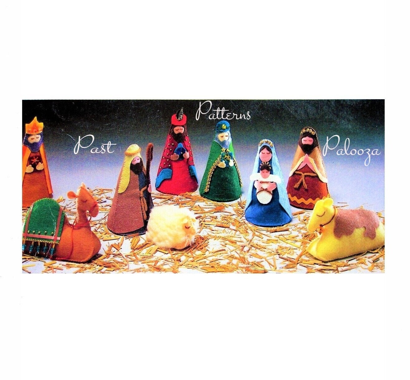 Vintage Christmas Sewing Pattern Felt Nativity Set 9 Figures Animals PDF Instant Digital Download Plush Stuffed Bead Sequin Embellished