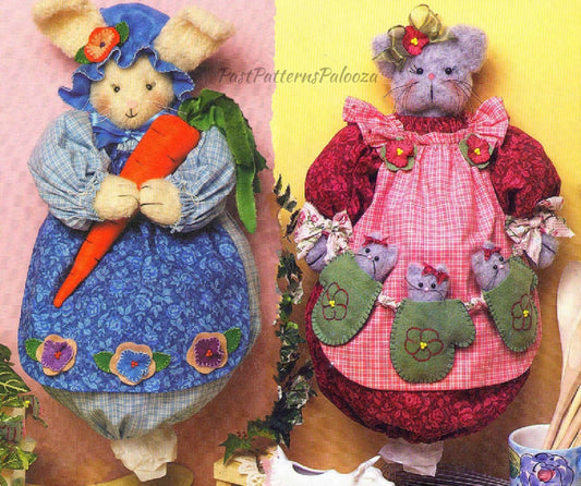 Vintage Sewing Pattern Mrs Bunny Kitty Cat Kitchen Bag Holders Catchers PDF Instant Digital Download Plush Fabric Plastic Bag Organizers