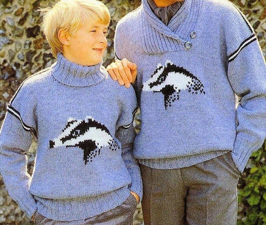 Vintage Knit Badger Pullover Sweater Knitting Pattern Mens Crossover Neck Sweater Boys Turtleneck Sweater PDF Instant Digital Download