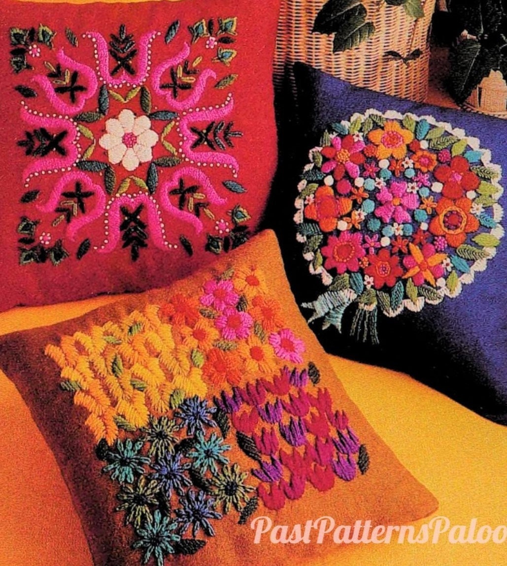 Vintage Crewel Embroidery Sewing Pattern 14" Flower Power Folk Art Pillows PDF Instant Digital Download 3 Floral Folksy Kitch Art Cushions