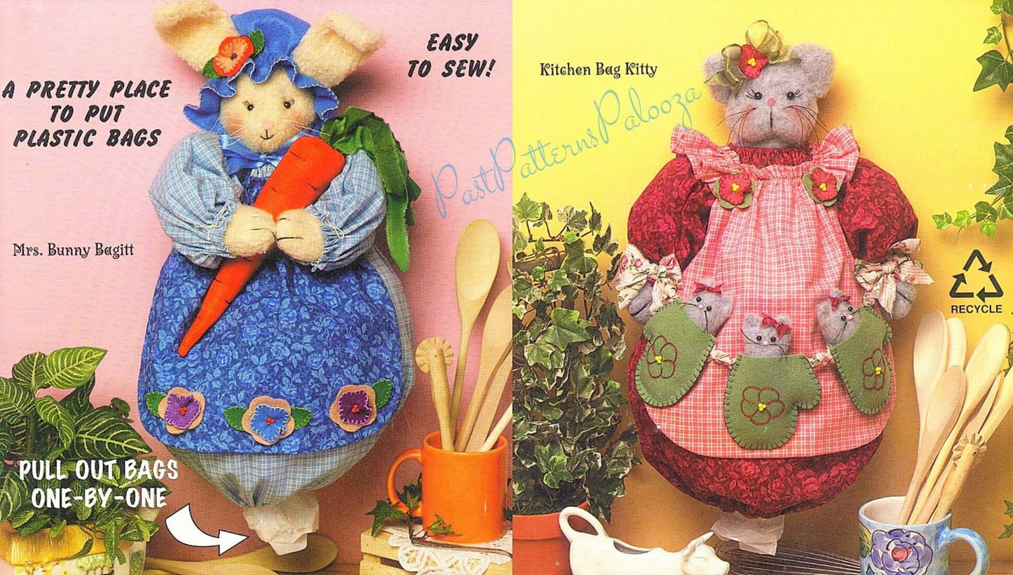 Vintage Sewing Pattern Mrs Bunny Kitty Cat Kitchen Bag Holders Catchers PDF Instant Digital Download Plush Fabric Plastic Bag Organizers