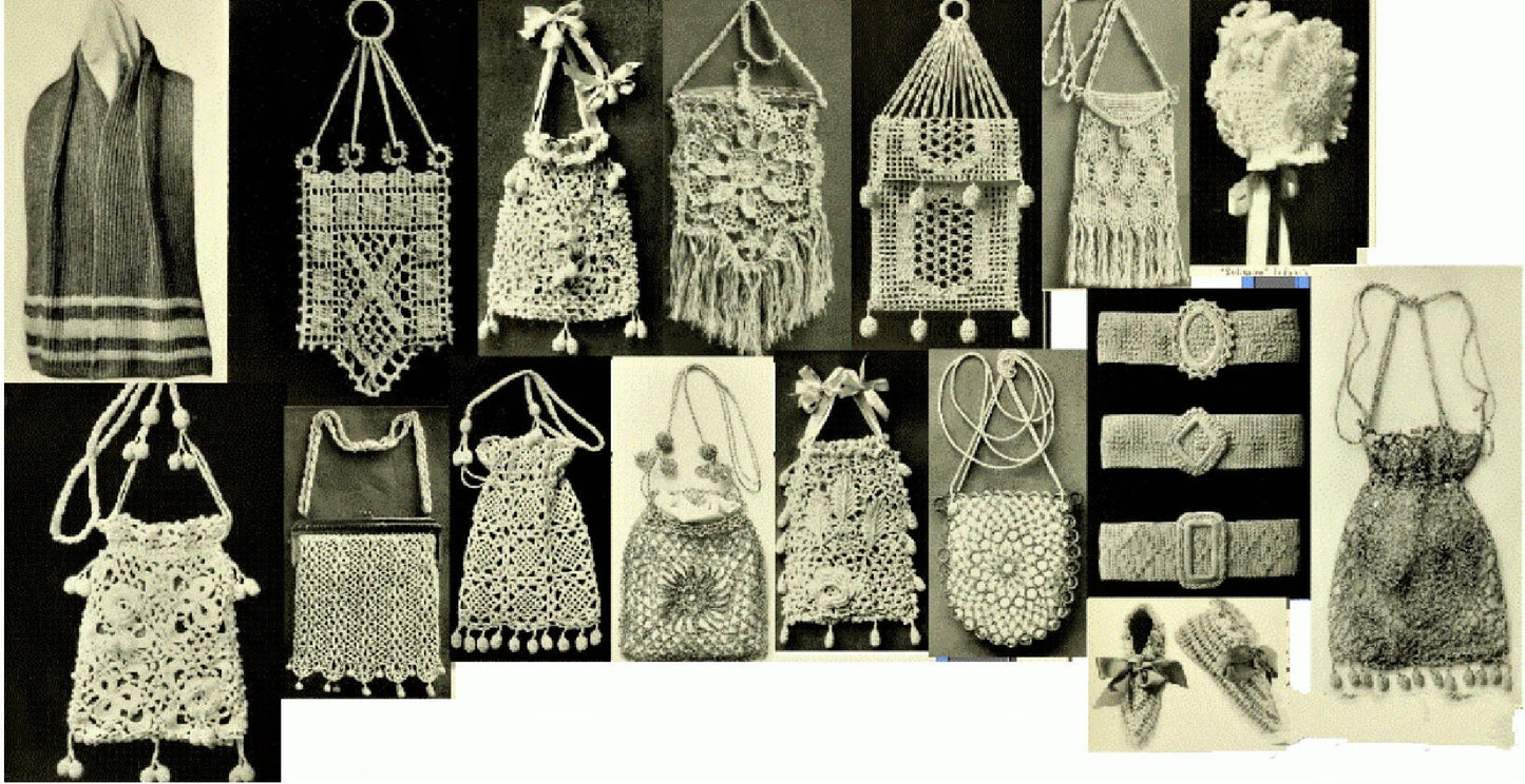 Vintage Patterns 1912 Glossilla Book of Crochet Novelties PDF Instant Digital Download Book Edwardian Titanic Era Handbags Belt Baby Bonnet
