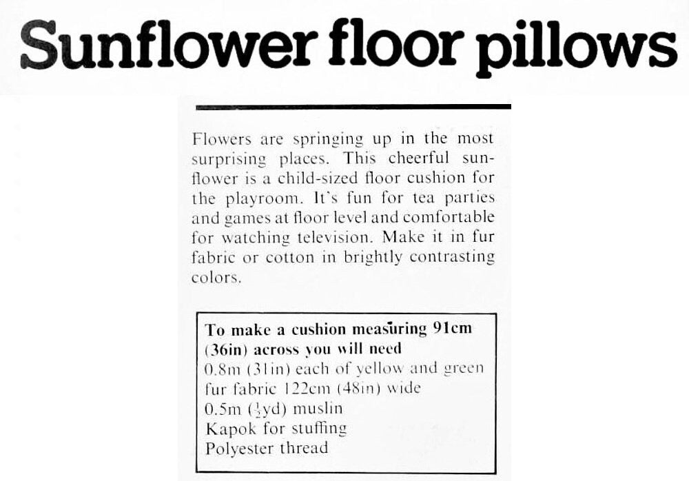 Vintage Sewing Pattern Large 36" Sunflower Floor Pillow Faux Fur Fabric PDF Instant Digital Download Retro Furry Flowers Play Cushion