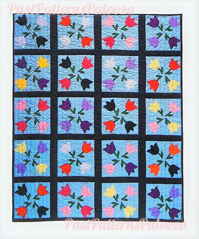 Vintage Sewing Pattern Windmill Tulips Bed Quilt PDF Instant Digital Download Applique Flower Blocks Quilted Bedspread 81 x 102