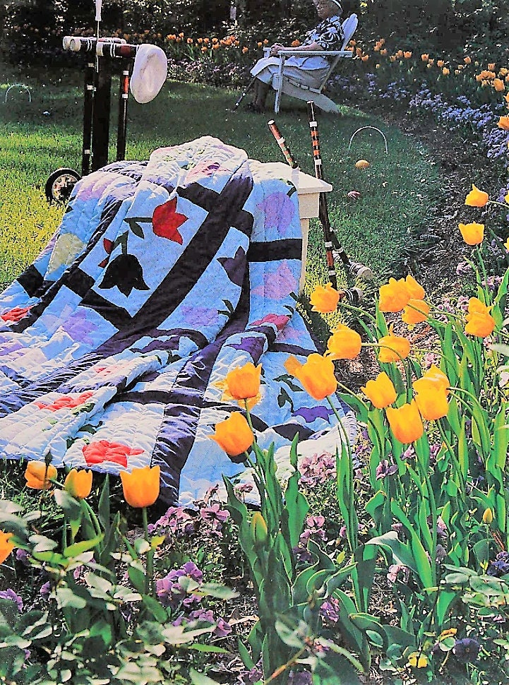 Vintage Sewing Pattern Windmill Tulips Bed Quilt PDF Instant Digital Download Applique Flower Blocks Quilted Bedspread 81 x 102