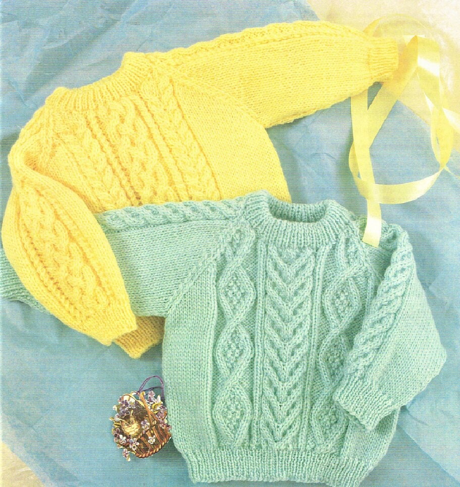 Vintage Knitting Pattern Baby Cable Fisherman Knit Crew Neck Sweaters 2 Designs PDF Instant Digital Download Birth to 18 Months 4 Ply