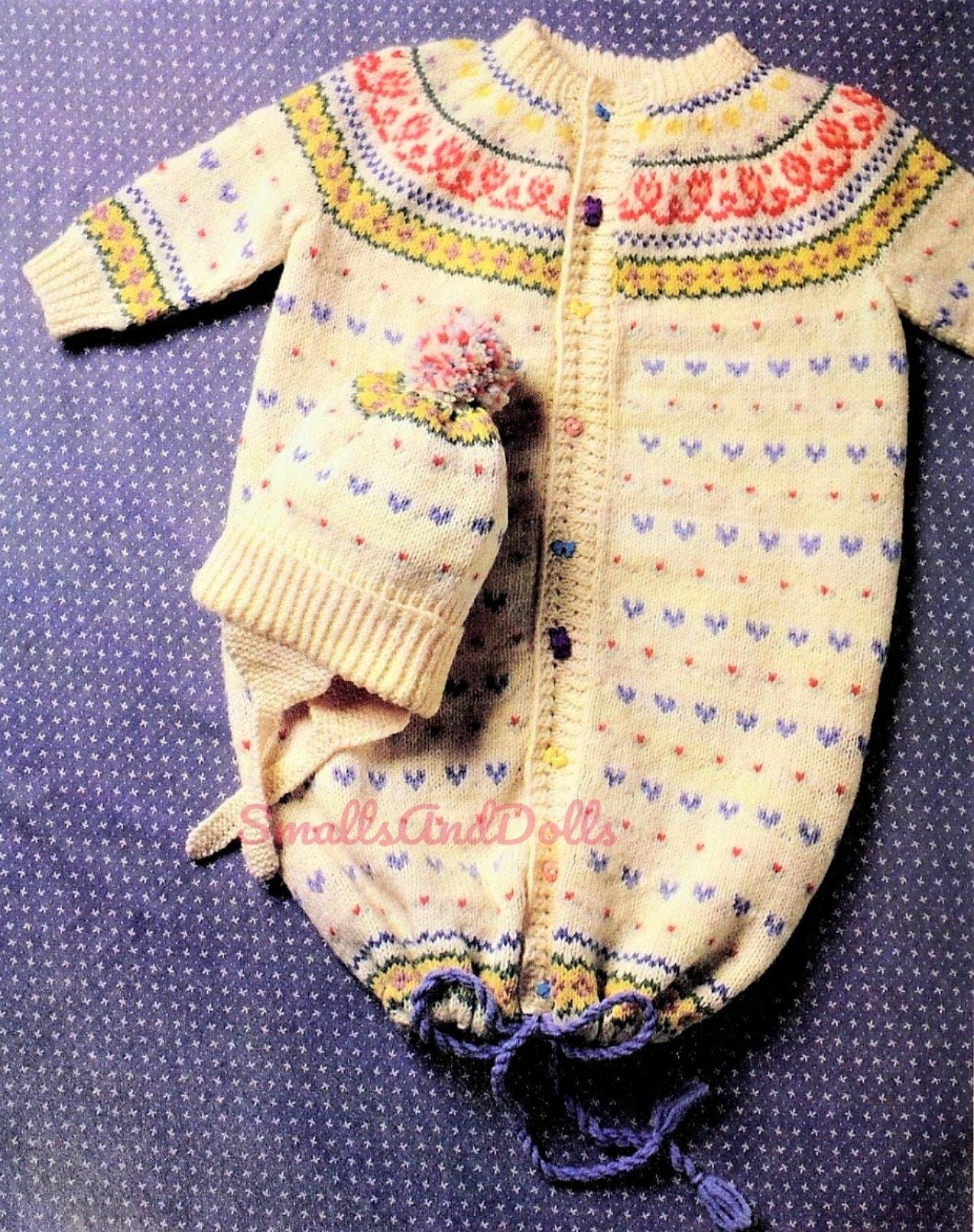 Vintage Knitting Pattern Knit Fair Isle Baby Bunting Sleeping Bag with Pompom Hat PDF Instant Digital Download 0-6m 5 Ply