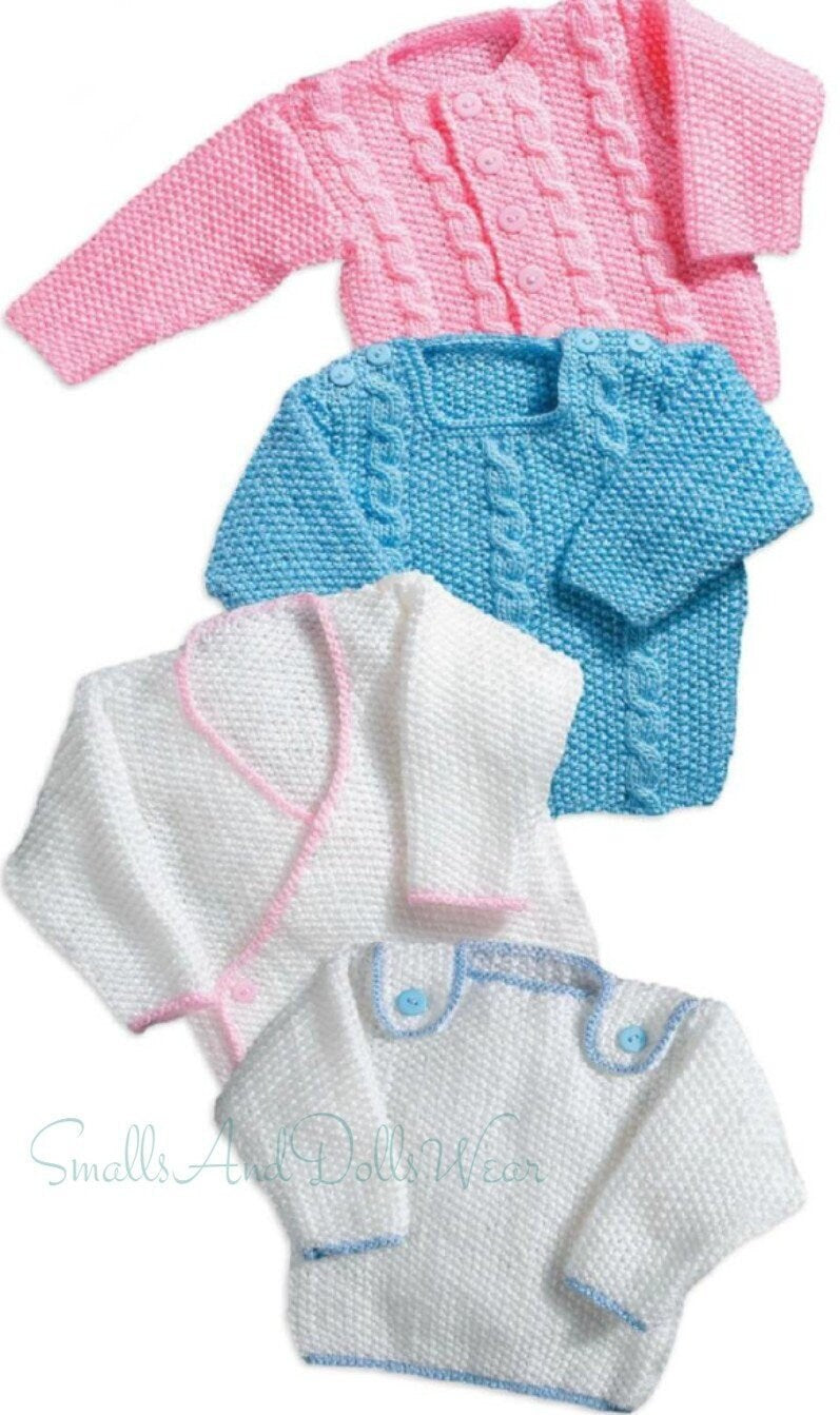 Vintage Knitting Pattern Plain & Cabled Aran Baby Sweaters 4 Styles Moss Stitch PDF Instant Digital Download Cardigan Crossover 0-4 yrs