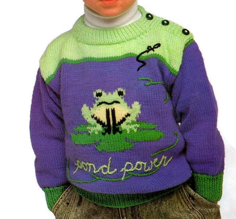 Vintage Knitting Pattern Baby Toddler Frog Sweater PDF Instant Digital Download Animal Pullover Jumper Lily Pad Motif 1-4 yrs 5 Ply