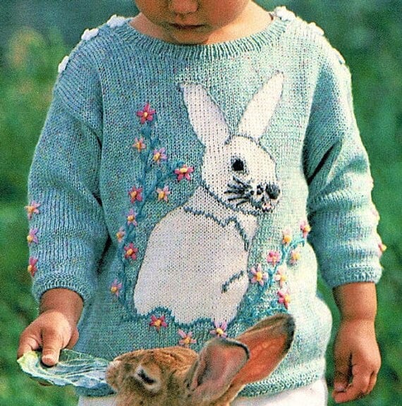 Vintage Knitting Pattern Baby Toddler Girl Bunny Rabbit Sweater PDF Instant Digital Download Easter Flowers Jumper 12m-18m
