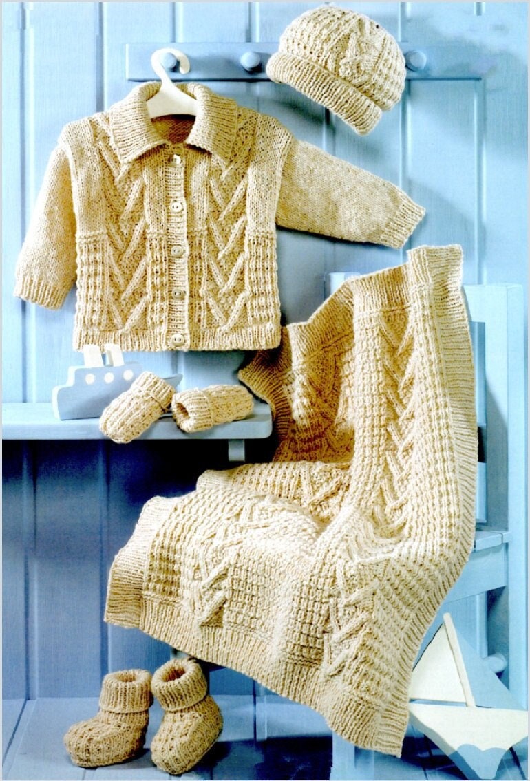Vintage Knitting Pattern Baby Toddler Cable Knit Aran Cardigan Jacket Hat Mitts Booties Blanket Set PDF Instant Digital Download 0-6 Years
