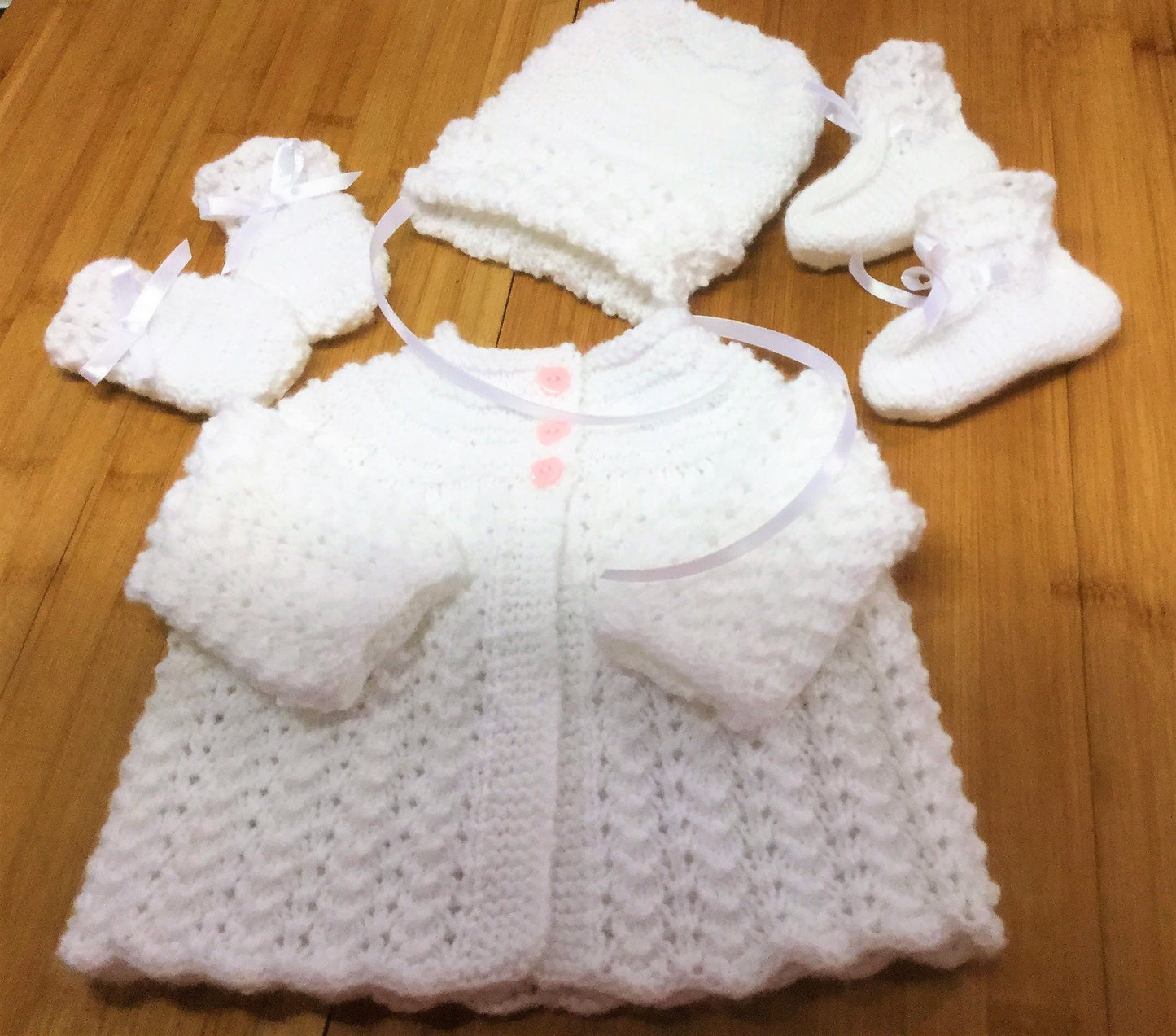 Vintage Knitting Pattern Knit Baby 4 Pc Classic Set Matinee Jacket Coat Hat Mittens Booties PDF Instant Digital Download Preemie - 18m 8 Ply