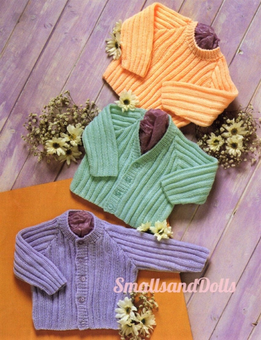 Vintage Knitting Pattern Classic Ribbed Baby Cardigan and Pullover Sweaters Jumper PDF Instant Digital Download Preemie - 2 yrs DK 8 Ply