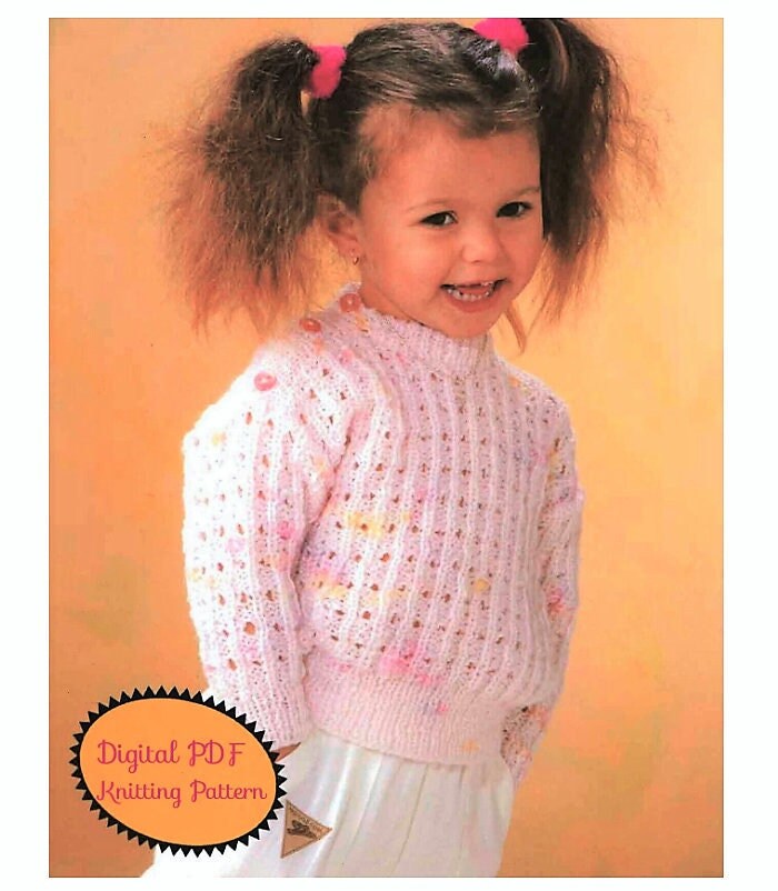 Vintage Knitting Pattern Baby Toddler Girls Pretty Knit Sweater Button Shoulder PDF Instant Digital Download Pullover Jumper 0-8 yrs DK