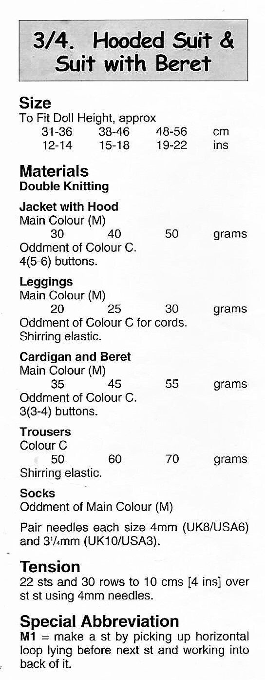 Vintage Knitting Pattern Doll Clothes Hooded Jacket Leggings Suit Beret 12-14 15-18 19-22 Inch Dolls PDF Instant Digital Download DK
