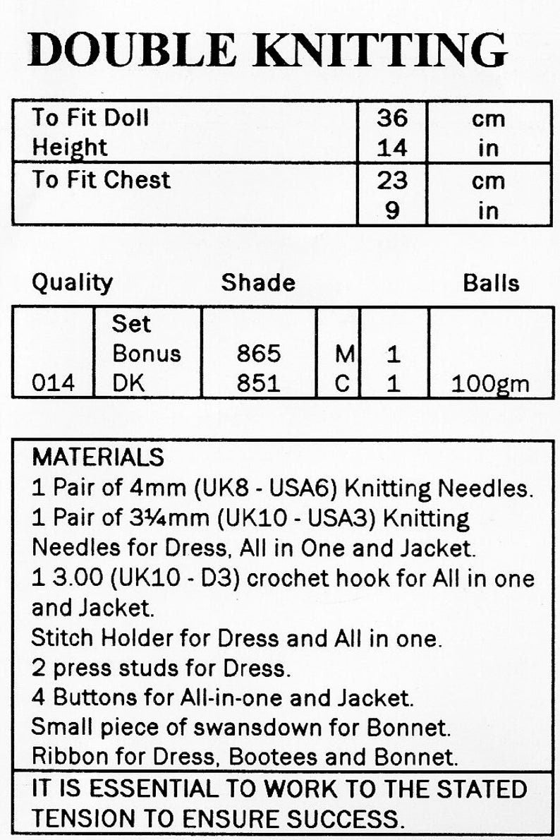 Vintage Knitting Pattern Pretty Doll Clothes Set for 14 Inch Baby Doll 5 Pc PDF Instant Digital Download Dress Bonnet All In One DK 8 Ply