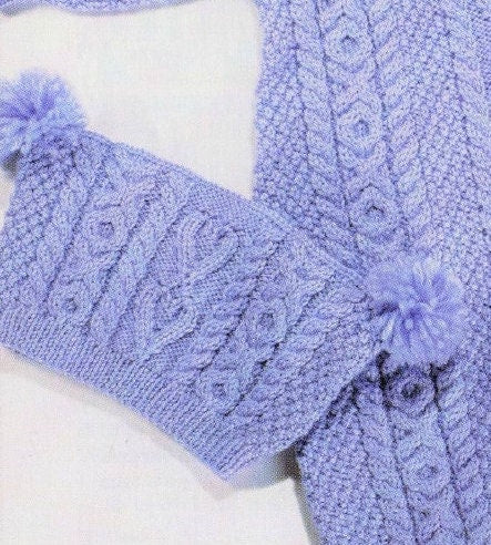 Vintage Knitting Pattern Baby Cable Knit All In One Aran Romper Pom Pom Hat Set Instant PDF Digital Download Cabled XOXO Hearts 6m - 2 yrs