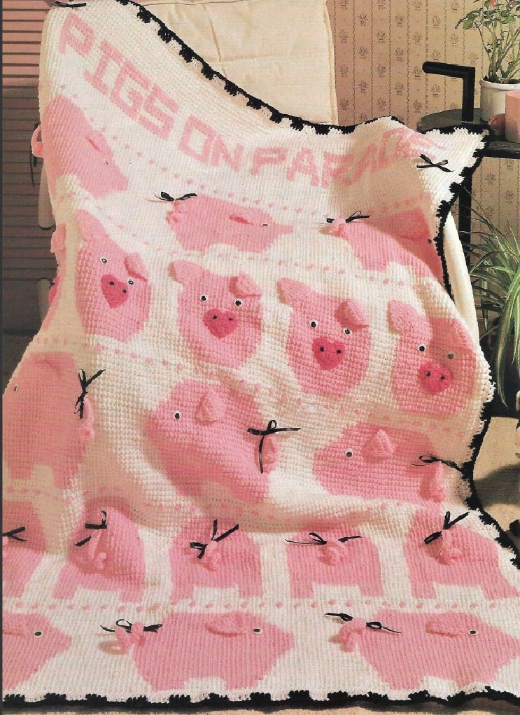 Vintage Crochet Little Piggies Afghan Pattern Pig Baby Blanket PDF Instant Digital Download Crib Cot Cover Tunisian Stitch 4 Ply