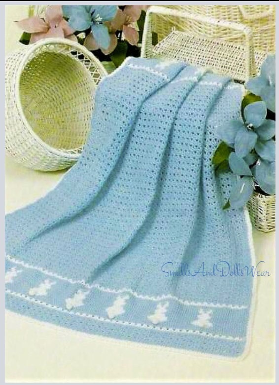 Vintage Crochet Pattern Baby Bunnies Afghan Nursery Blanket PDF Instant Digital Download Cottontail Bunny Crib Cot Cover 33x39 3 Ply