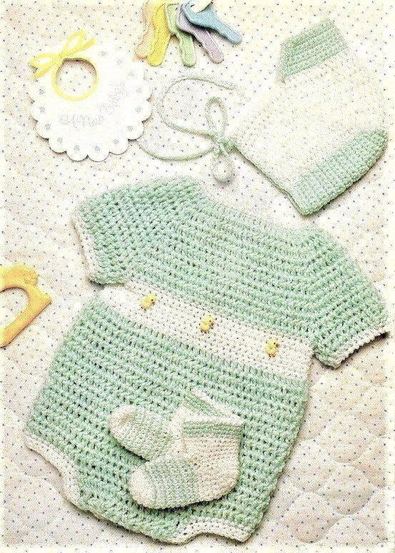 Vintage Crochet Pattern Baby Boy Ducky Sun Suit Bubble Romper Socks & Hat Set PDF Instant Digital Download 6-18m 7 to 18 pounds 3 Ply