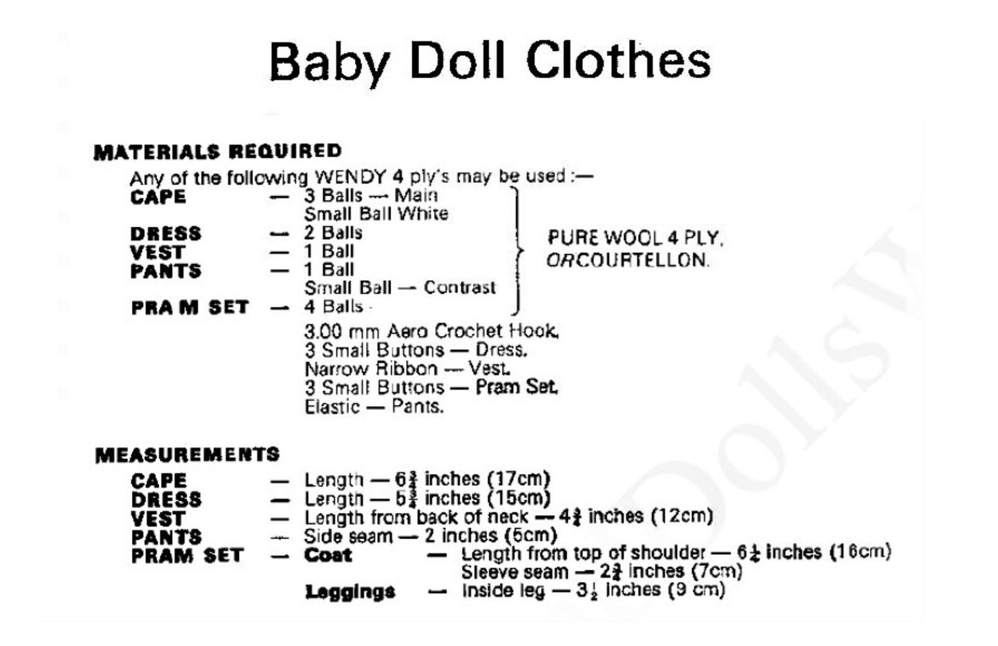 Vintage Crochet Pattern Doll Clothes for 14 and 16 Inch Baby Dolls 6 Pcs PDF Instant Digital Download Cape Dress Vest Pants Leggings 4 Ply