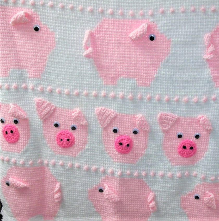 Vintage Crochet Little Piggies Afghan Pattern Pig Baby Blanket PDF Instant Digital Download Crib Cot Cover Tunisian Stitch 4 Ply
