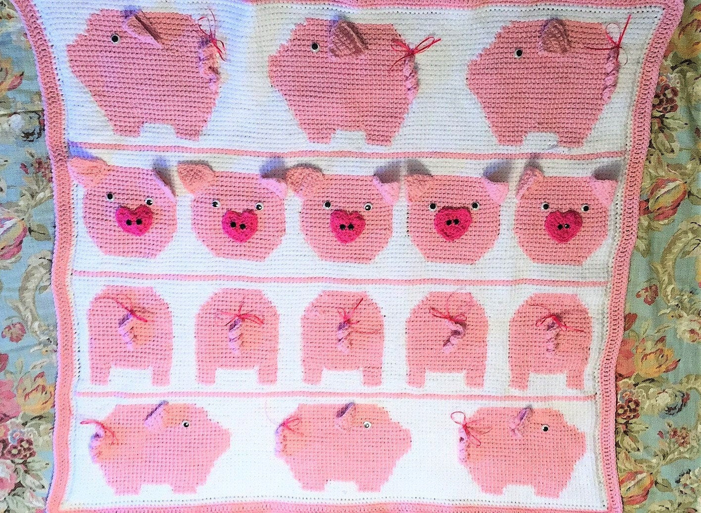 Vintage Crochet Little Piggies Afghan Pattern Pig Baby Blanket PDF Instant Digital Download Crib Cot Cover Tunisian Stitch 4 Ply