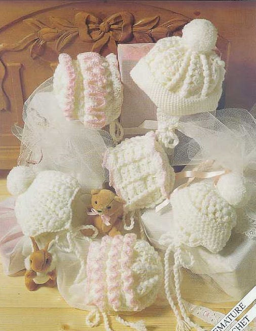 Vintage Crochet Patterns Baby Hats Bonnets Helmets 6 Designs PDF Instant Digital Download Preemie Newborn to 6 months 8 Ply