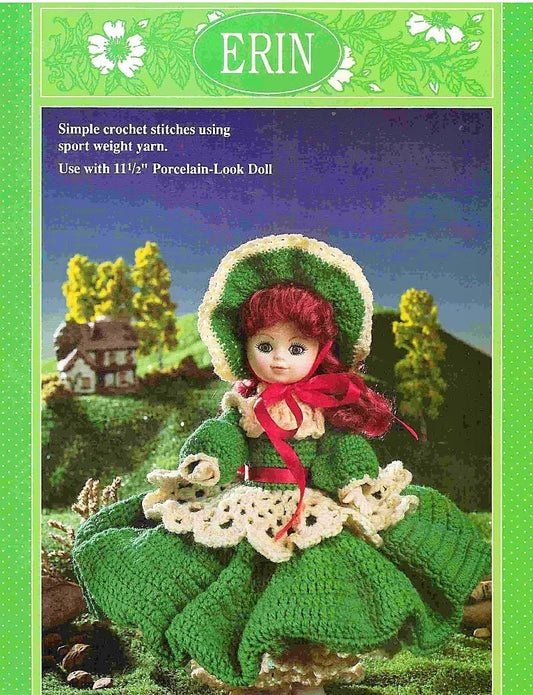 Vintage 11.5" Doll Crochet Pattern Irish Erin St Patricks Day Pretty Dress Bonnet Outfit PDF Instant Digital Download 10 Ply