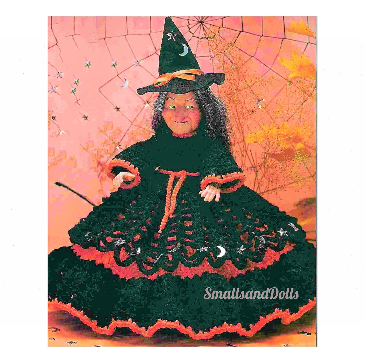 Vintage Crochet Pattern 12" Spooky Witch Doll Spider Web Dress PDF Instant Digital Halloween Doll 10 Ply
