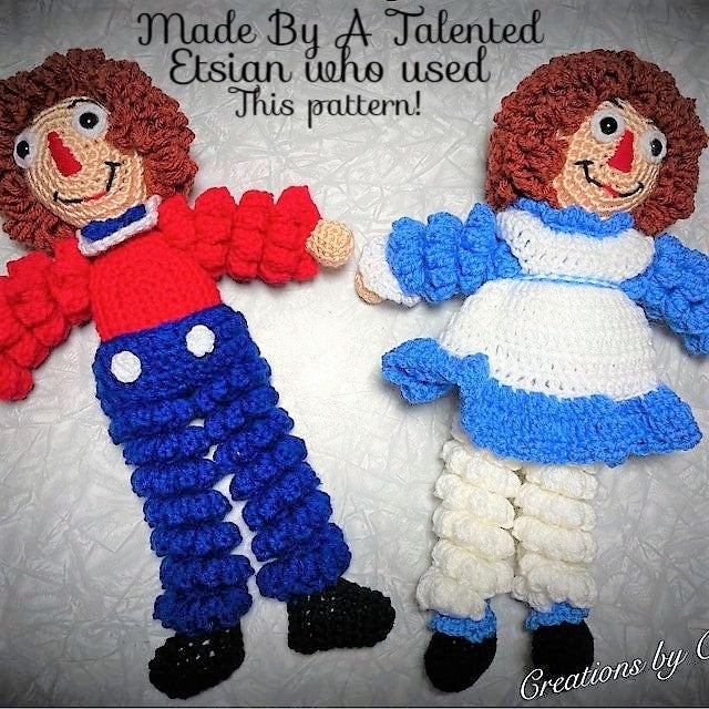 Vintage Crochet Pattern " Raggedy Ann and Andy Soft Toy Dolls Curly Limbed Rag Doll Amigurumi PDF Instant Digital Download 4 Ply