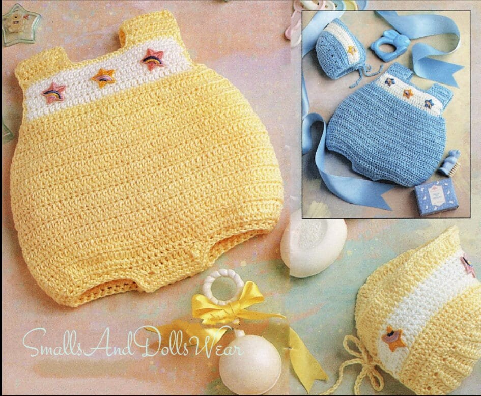 Vintage Crochet Pattern Baby Boy Girl Bubble Romper & Bonnet Hat Set PDF Instant Digital Download Short Summer Sunsuit 3-12m 5 Ply