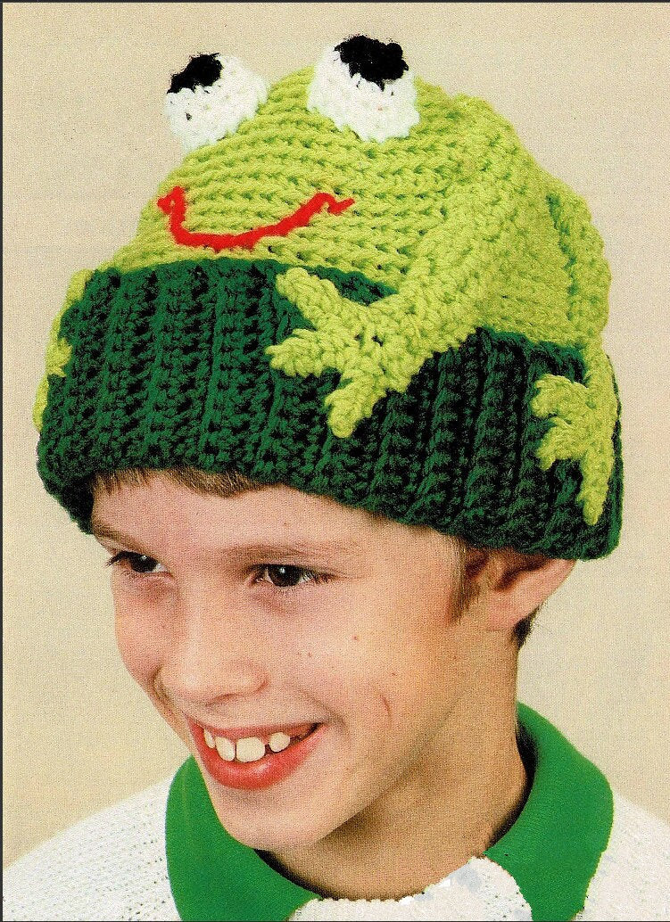 Vintage Crochet Pattern Kids Frog Beanie Hat PDF Instant Digital Download Fun Novelty Crochet Animal Hat 4 Ply