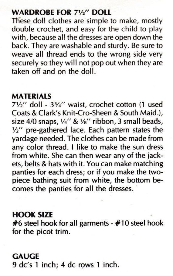 Vintage Thread Crochet Pattern Doll Party Clothes Outfits for 7 to 8 Inch Dolls PDF Instant Digital Download Complete Wardrobe & Accessories