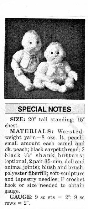 Vintage Crochet Pattern 20" Boy Girl Twins Baby Dolls and Clothing Soft Sculpture Amigurumi PDF Instant Digital Download Complete Layettes