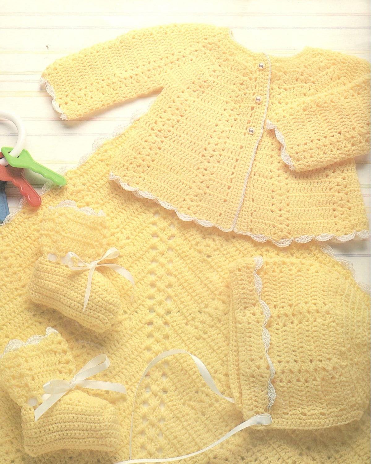 Vintage Crochet Pattern Classic Shell Stitch Heirloom Layette Set Dress Bonnet Booties Blanket PDF Instant Digital Download 0-6m DK 1970s