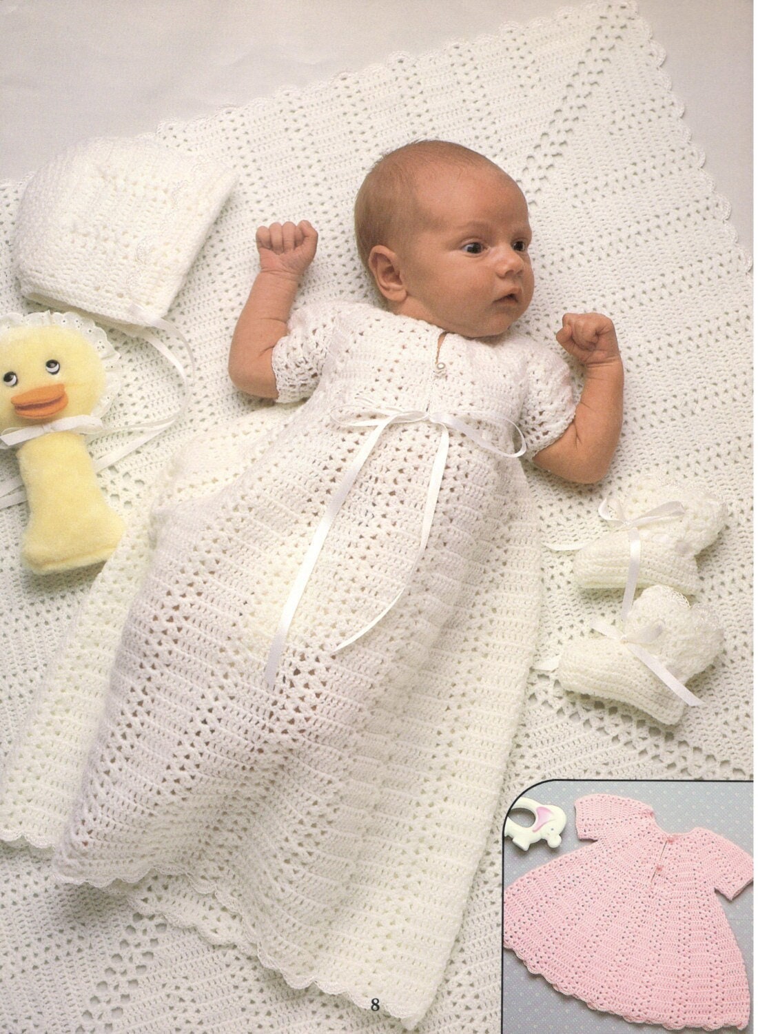 Vintage Crochet Pattern Classic Shell Stitch Heirloom Layette Set Dress Bonnet Booties Blanket PDF Instant Digital Download 0-6m DK 1970s