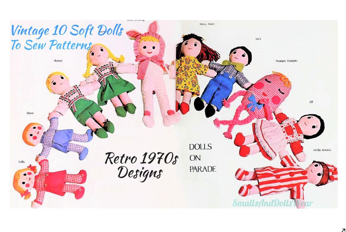 Vintage Sewing Pattern Ten 18" 24" Soft Nursery Rhyme Storybook Dolls to Sew Retro 1970s PDF Instant Digital Download Toy Dollys