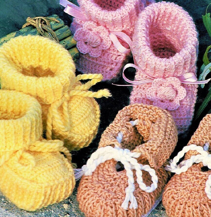 Vintage Knitting Crochet Pattern Pretty Baby Booties to Knit and Crochet 3 Designs PDF Instant Digital Download Blossom Shoe Bootees 4 Ply